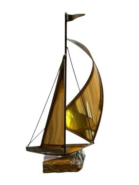 Vintage MCM Brass Sailboat Sculpture On Onyx 15" Nautical Sailing